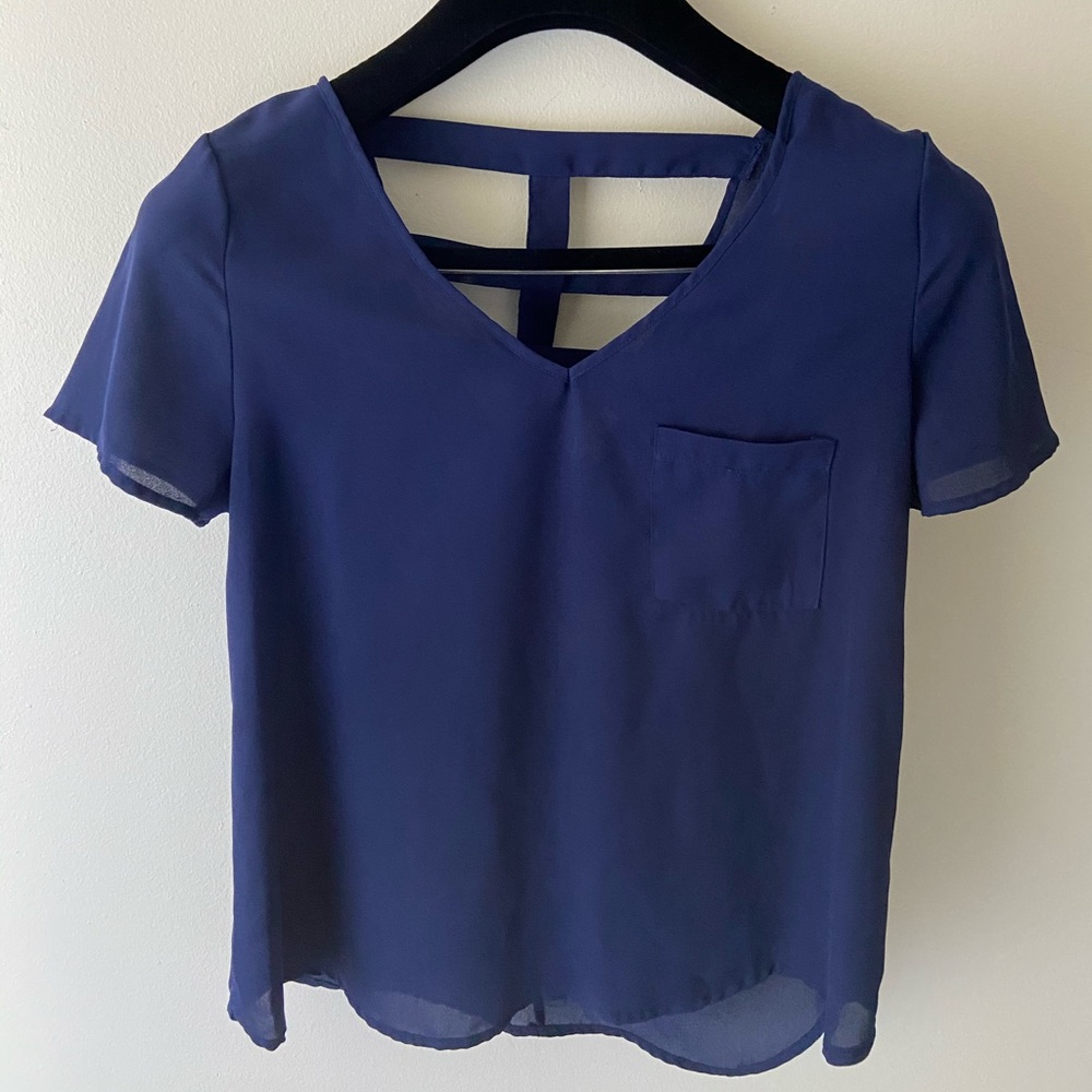 Short sleeve Dark blue blouse with back opening S